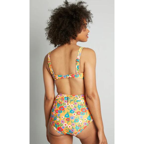 ModCloth Medium Greta High Waisted Bikini Bottom Swimwear Yellow Floral Tie Side - Picture 1 of 9